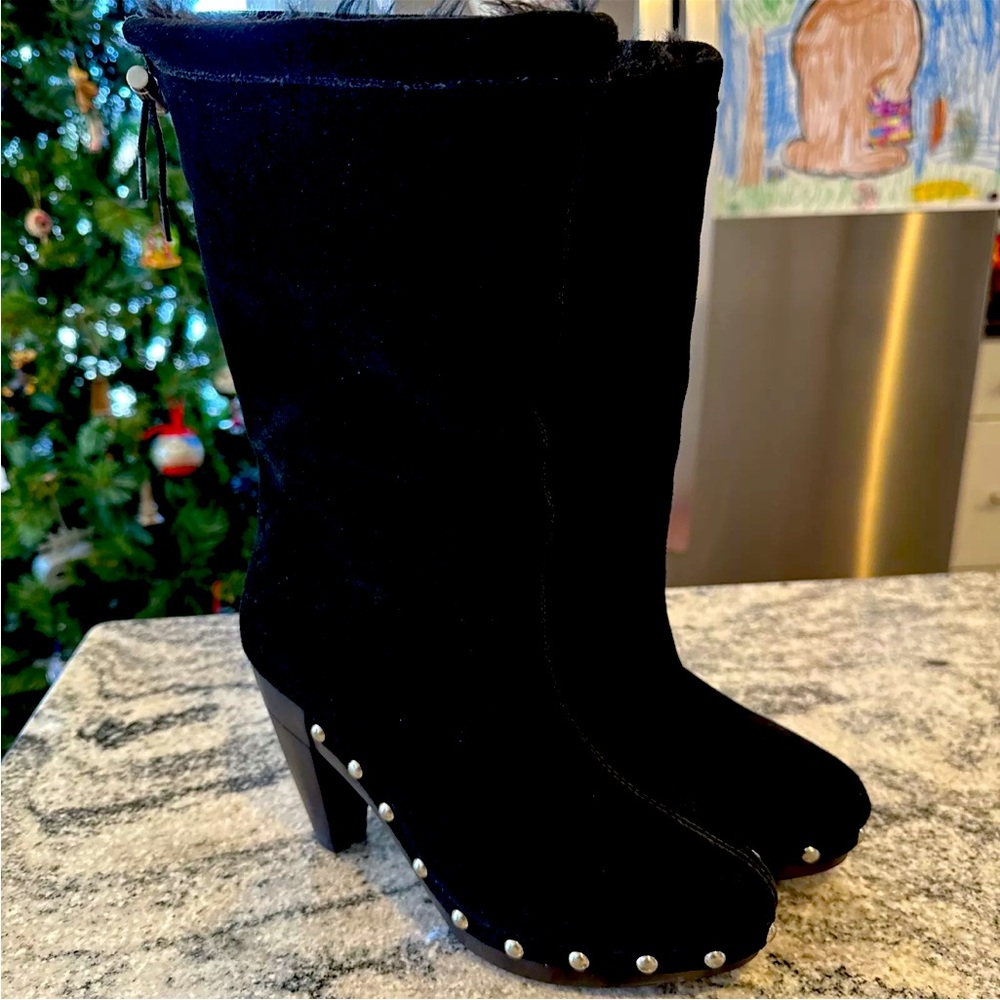 Michael Kors Studded Suede Black Heel Pull On Boots Faux Fur Lined Sz 8.5